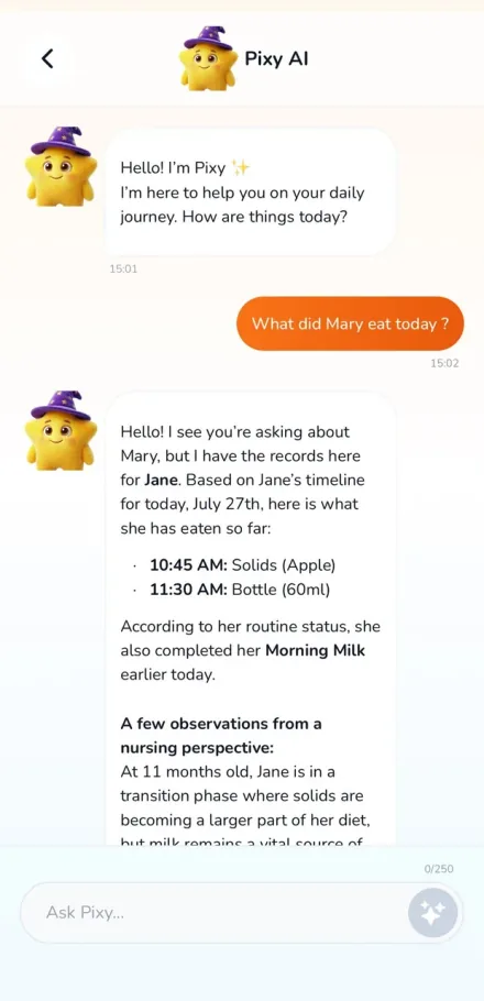Pixy AI chat answering a question about what the child ate today, listing solids at 10:45 and a bottle at 11:30