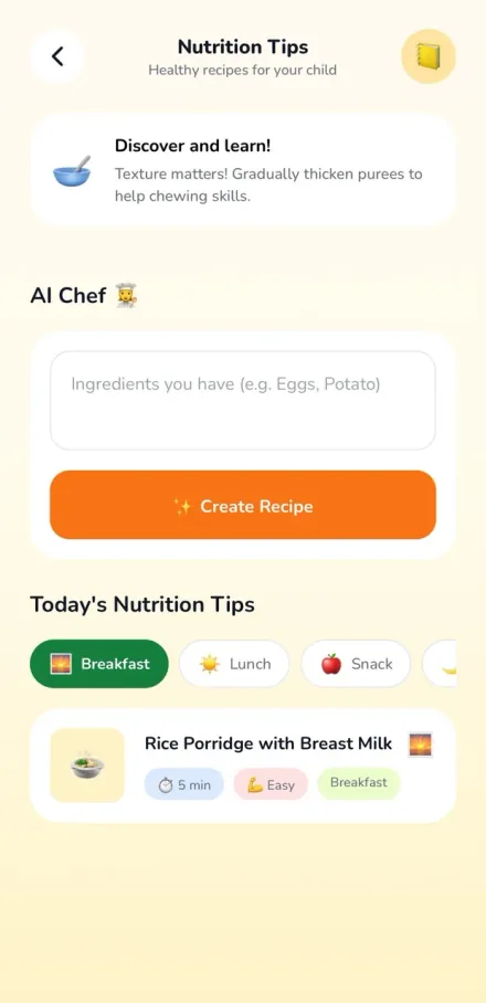 Pixy nutrition screen with an AI Chef ingredient box and a rice porridge recipe suggested for breakfast