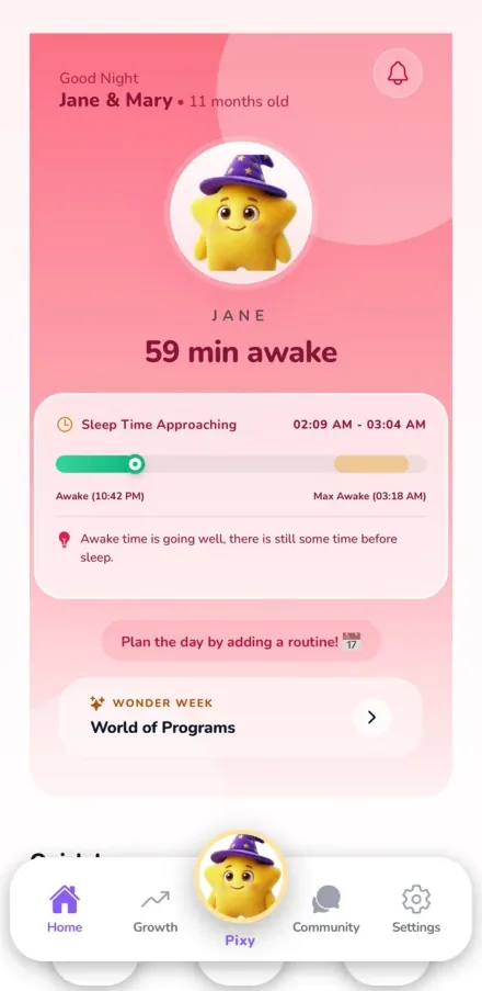 The Pixy home screen showing how long the child has been awake and the predicted sleep window