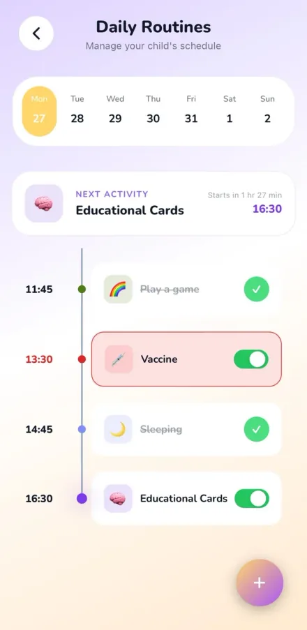 Pixy daily routines timeline listing a game, a vaccine, sleeping and educational cards across the afternoon
